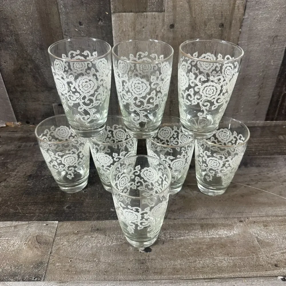 Set of 8 MCM LACE Highball Glasses White Stenciled Floral Lace Gold Trim